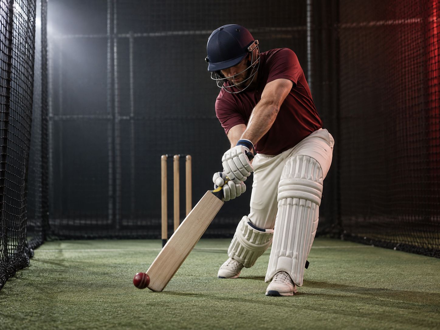 Cricket batter in an indoor net
