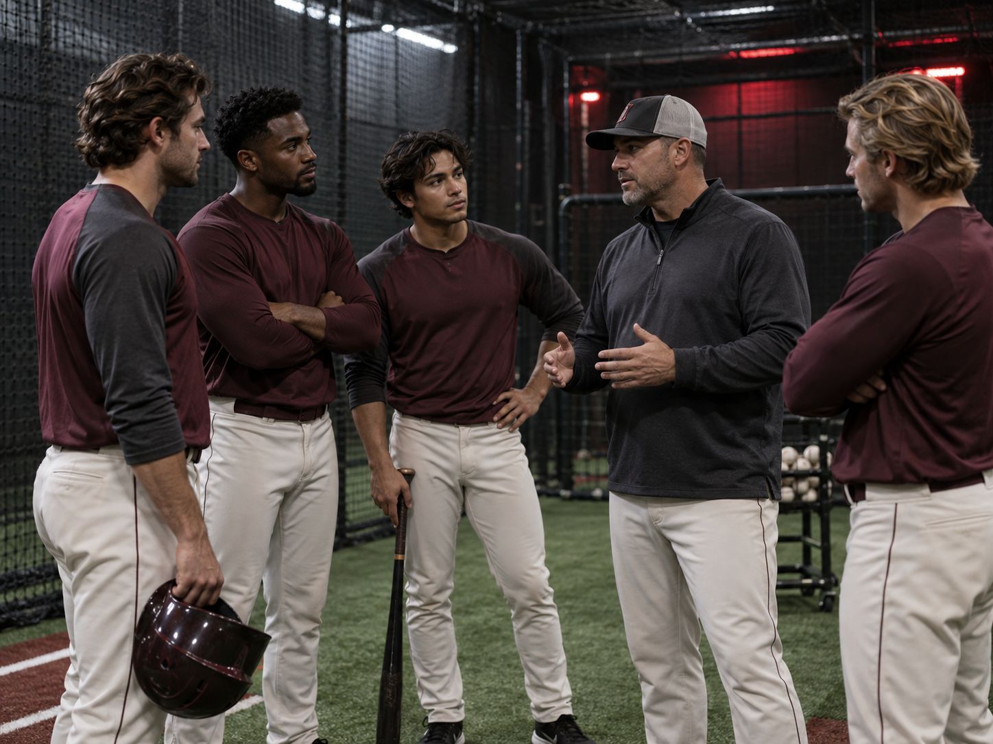 Baseball team meeting with a coach